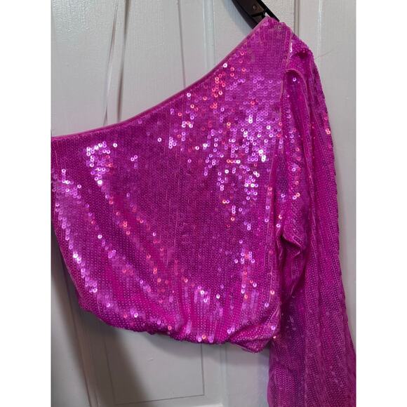NWT Show Me Your Mu Mu Pink Sequin One Shoulder Glam Top Size S - Picture 6 of 8